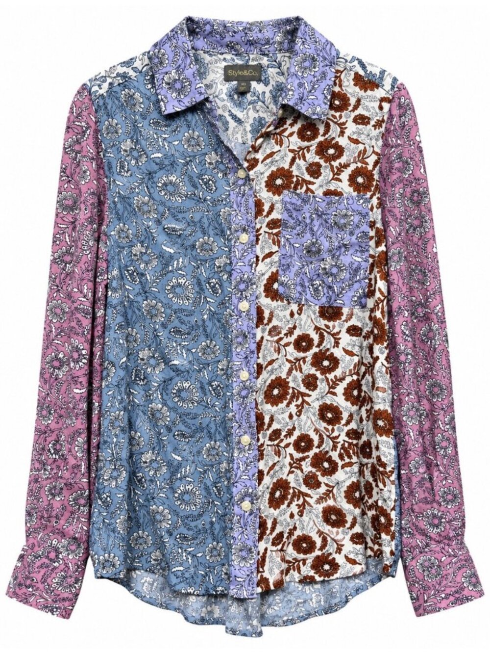 Style & Co. Button-Up Shirt Top Tunic PM Petite Medium Floral Colorblock Boho